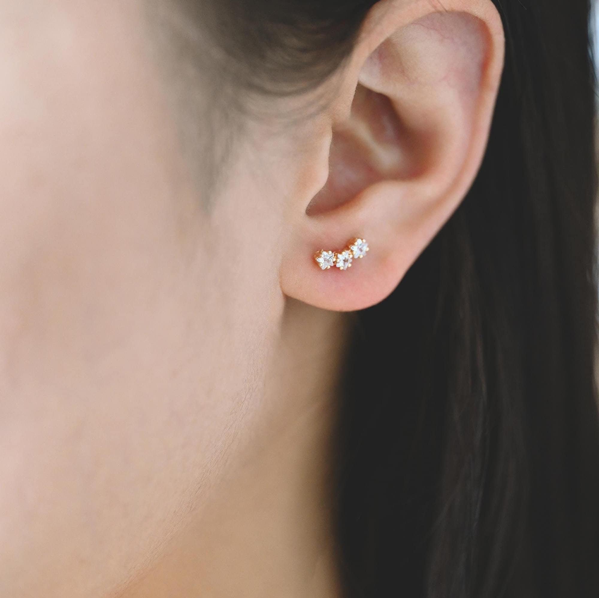 4pcs CZ Pave Gold Star Earrings, 18K Gold Plated Brass, Dainty Star Stud Earrings (GB-3369-B)